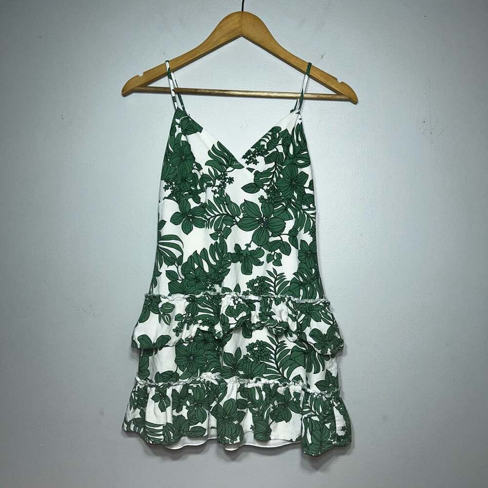 Summer Floral Banana Leaves Green and White Ruffle Mini Dress Size S